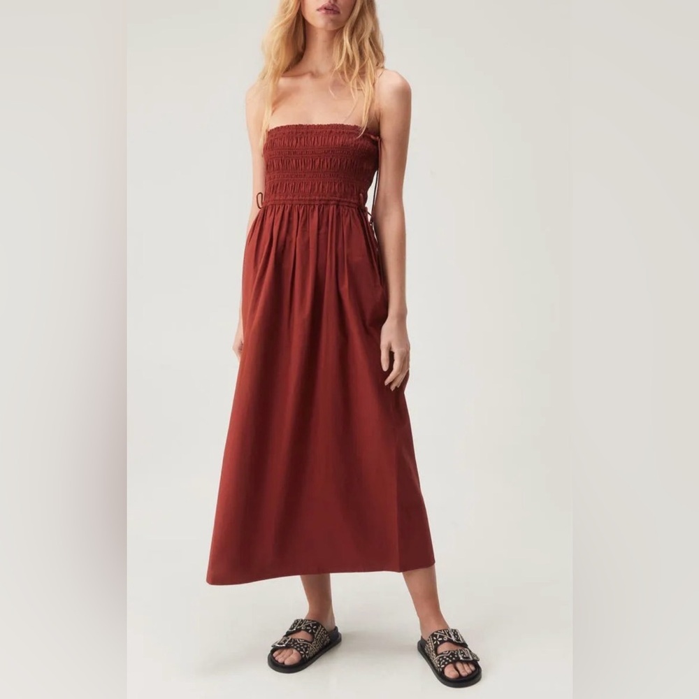 Nasty Gal Strapless Cotton Midi Dress in Rust